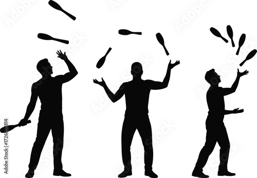 Silhouette of Jugglers Performing Club Tossing Tricks on Transparent Background.
