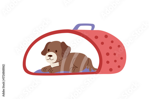 A dog lying down in the carrier. Concept of travel with pet. Illustration of puppy in the carrier. Vector flat clipart.