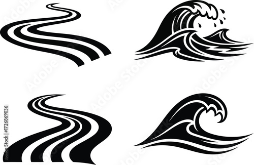 Collection of four wave and river illustrations with flowing water and ocean waves