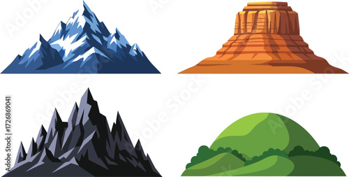 Collection of four mountain illustrations with snowy peaks, rocky crags, and a green hill