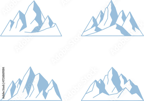 Collection of four mountain illustrations with snowy peaks and rocky crags