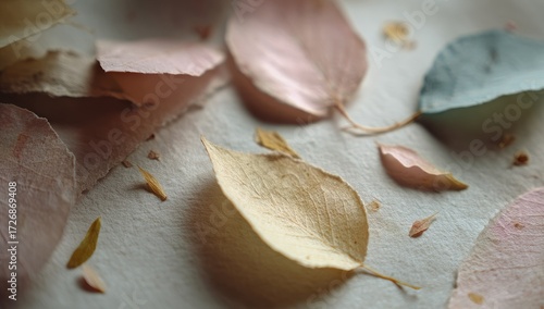 Pastel-toned dried leaves on a light fabric background