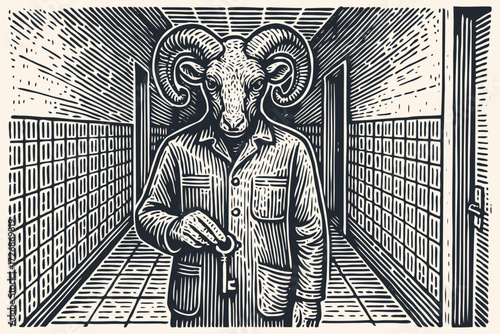A ram-headed man in a uniform holds a key in a long, mysterious corridor. A concept of choice or secrets in a retro woodcut vector illustration.