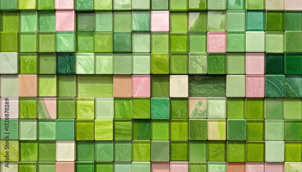 Fototapeta premium Abstract pattern of many small, square tiles in varying shades of green, pink, and cream