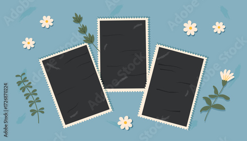 A set of blank black photos cliparts. Photos template. Mockup of blank photos. Vector flat illustration.