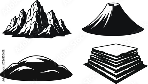 Black mountain illustration set with volcano, hill, and plateau designs