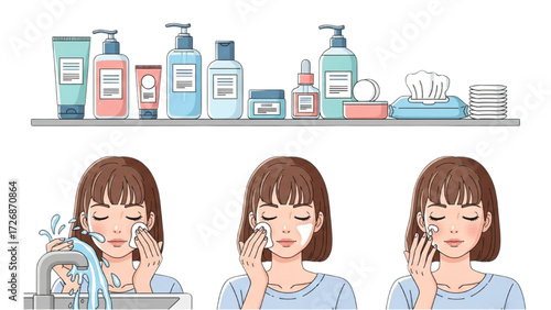 Skincare Vector Illustration Set – Happy Girl with Healthy Hydrated Skin Collection AI EPS PNG JPEG
