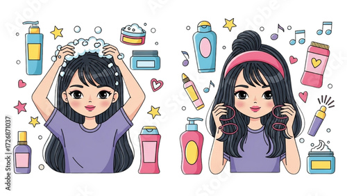 Skincare Vector Illustration Set – Happy Girl with Healthy Hydrated Skin Collection AI EPS PNG JPEG
