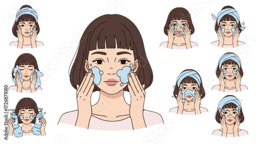 Skincare Vector Illustration Set – Happy Girl with Healthy Hydrated Skin Collection AI EPS PNG JPEG
