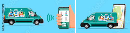 Man delivery driver in van with online pharmacy on smartphone. Medication shipping with mobile app map. Telemedicine delivery.