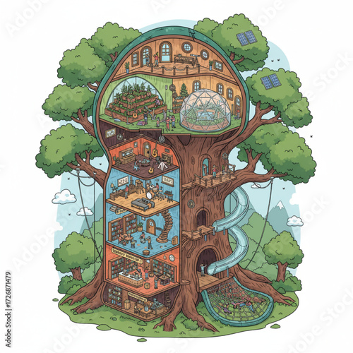 A cross-section vector illustration of a giant treehouse with different rooms and activities visible, isometric view
