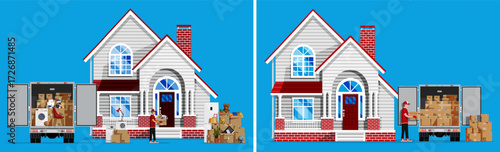 Man moving into new house set. Delivery service concept. Carton box, truck and household item for relocation.