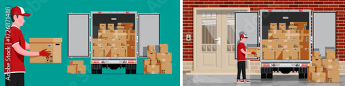 Man courier delivers parcel box from delivery truck. Shipment by cargo van. Express delivery service and moving concept.