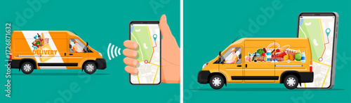 Yellow delivery van and human hand holding smartphone with Gps application. Online grocery order and meal service concept.
