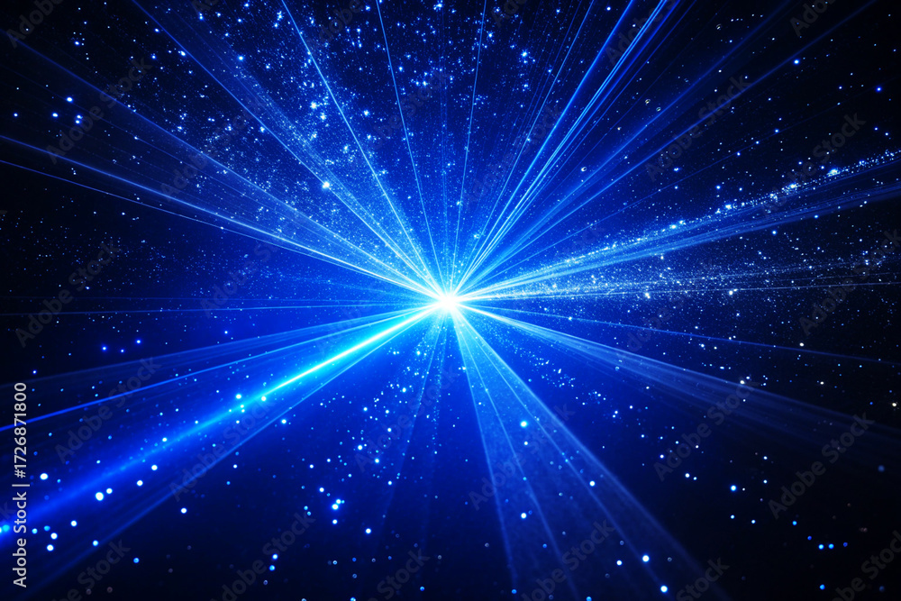 Fototapeta premium Bright Blue Light Burst with Star Rays and Glittering Particles Background.