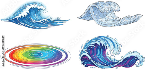 Set of water elements with waves and a rainbow ripple illustration