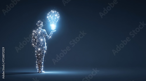 Digital Human Figure Holding Bright Light Bulb in Futuristic Technology Scene