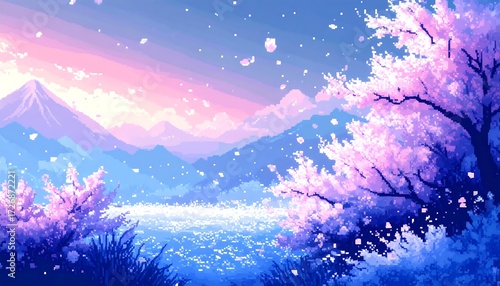 Pixel art of a serene, pastel-colored spring landscape with cherry blossoms and mountains