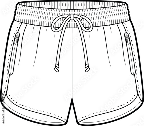 Athletic shorts technical fashion sketch, front view, elastic waistband, zip pockets, garment construction, vector template, clothing design, cad drawing flat vector illustration