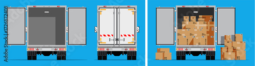 Delivery truck back view with open and closed doors. Shipment and cargo transportation concept for logistics website.