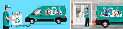 Male courier delivering medicine package and van with medical supplies. Pharmacy order delivery by truck. Healthcare service.
