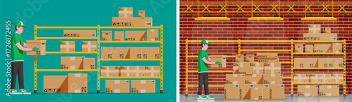 Warehouse storage set with man. Delivery service worker stacking cardboard parcels on shelves. Logistic and post office concept.