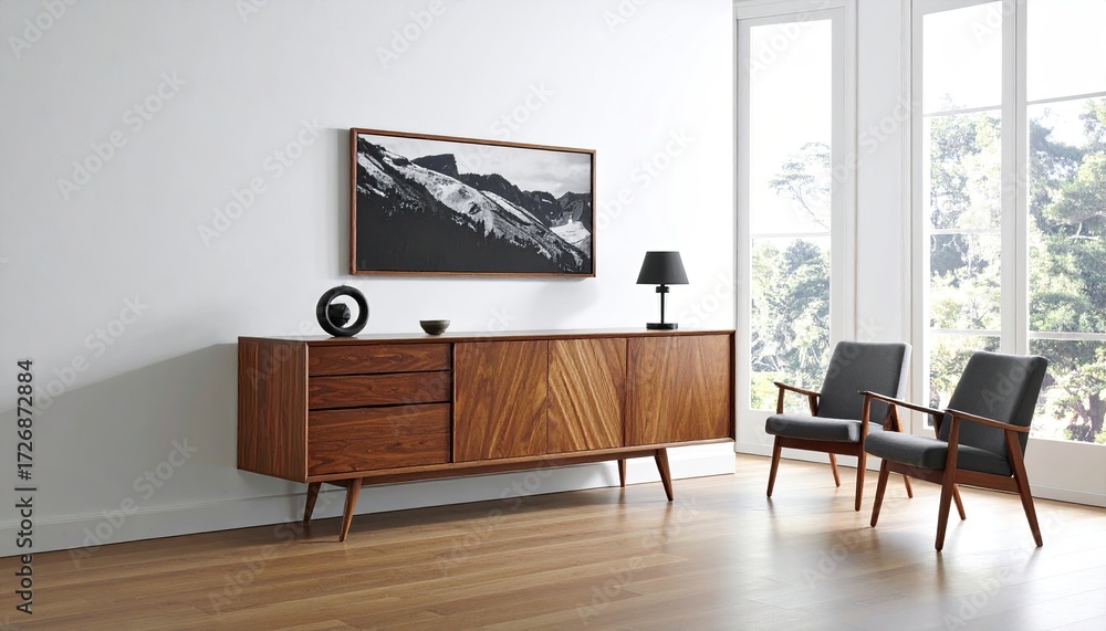 Fototapeta premium Modern, minimalist living room with wooden credenza and armchairs