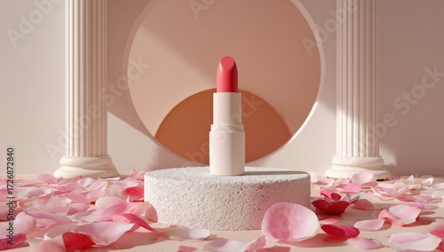 Pink lipstick on a white pedestal surrounded by rose petals