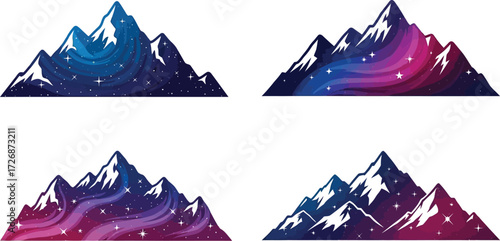 Four mountain range icons with cosmic sky designs