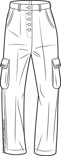 Cargo pants fashion sketch, high waist trouser drawing, utility bottom vector, garment design template, apparel CAD artwork, cad drawing flat vector illustration