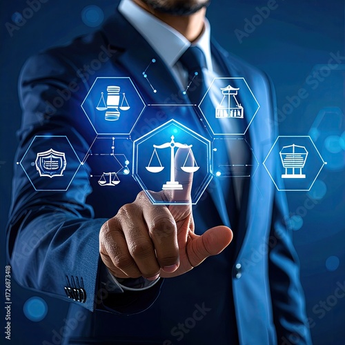 Businessman interacting with digital legal and justice icons on a futuristic interface.