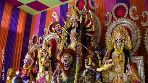 Traditional Bengali Goddess Mata view during Durga Puja celebrations with divine decorations, cultural rituals, and festive ambience.