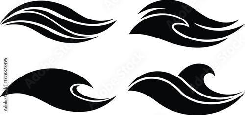 Four stylized black wave icons with fluid designs