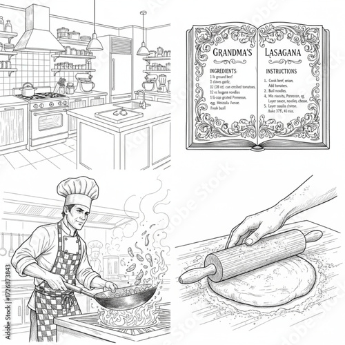 a detailed line art drawing of a kitchen with various appliances, an intricate line art design of a cookbook with a recipe on a page, a line art drawing of a chef preparing a dish,