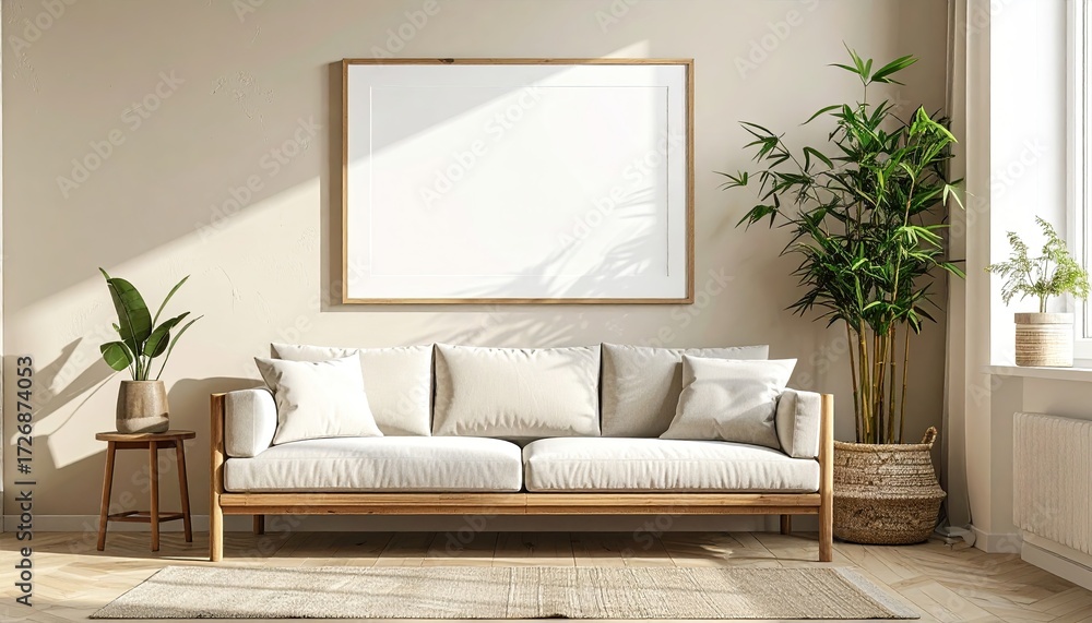 Fototapeta premium Beige living room with framed art (2)