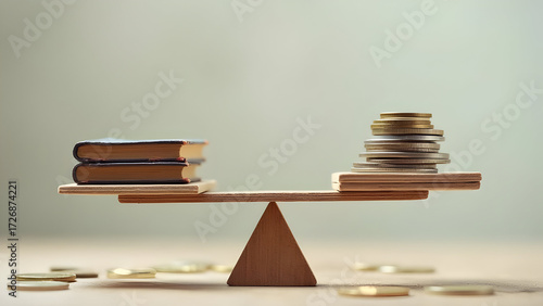 Balance scale with stacked books on one side and coins on the other, symbolizing the balance between education and wealth, knowledge and finance.
