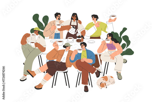 Coffee club gathering. Barista brewing specialty drink for tasting, cupping session, meeting at table. Enjoying beverage, chatting, discussing. Flat vector illustration isolated on white background.