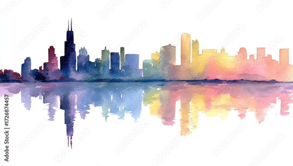 Obraz premium Watercolor cityscape skyline, vibrant colors, mirrored reflection