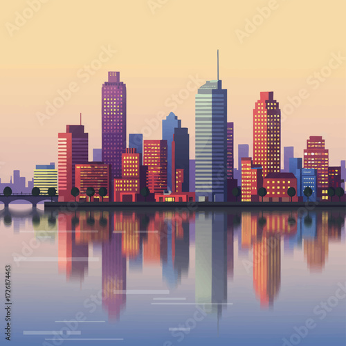 modern city skyline reflection sunset vector artwork