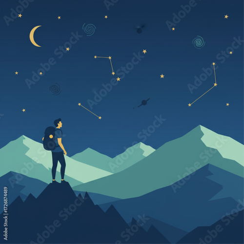 A flat illustration of a hiker looking at a mountain range under a starry night sky, using a palette of deep blue, mint green, and mustard yellow