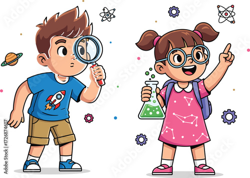 Cartoon children exploring science, boy with magnifying glass, girl holding flask, STEM education, learning curiosity, school project, kids experiment illustration