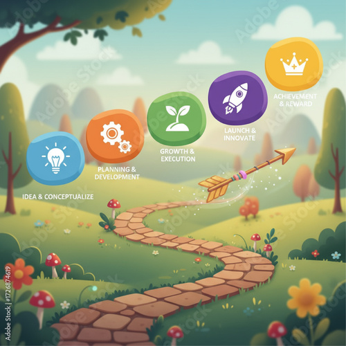 A flow chart or timeline that doesn't use boring boxes. Instead, use interconnected circles with icons inside, connected by a winding path that an arrow travels along