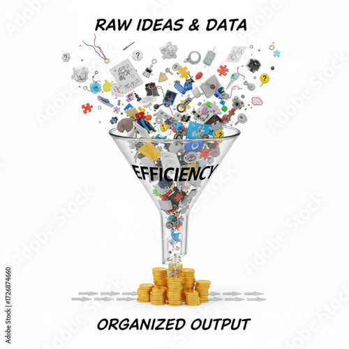 A funnel where chaotic, random objects (raw ideas, data points) go in the top, and organized, identical coins and arrows come out the bottom. Labeled 'Efficiency