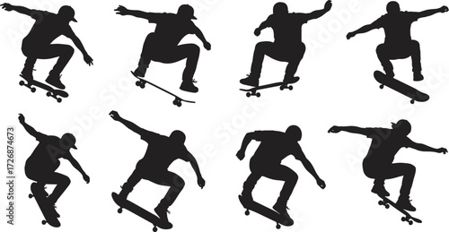 Skateboarder silhouette set, mid-air tricks, dynamic motion, black vector art, urban sport, jump pose, extreme action, youth culture, skateboarding style