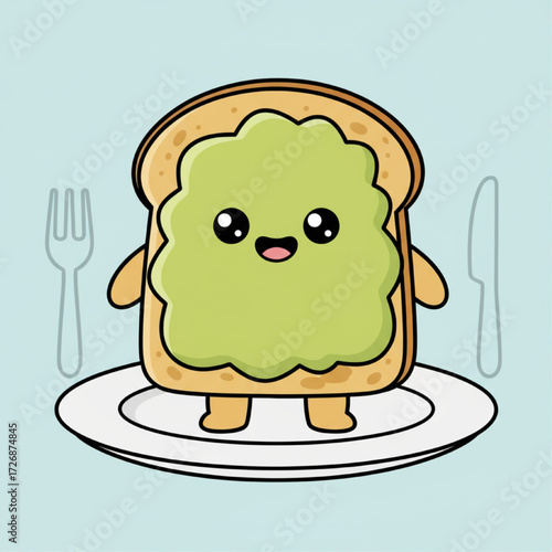 A kawaii vector avocado toast character with a smiling face and tiny arms and legs, on a simple plate