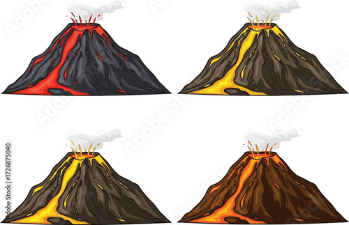 Volcano vector set with lava in various shapes and colors