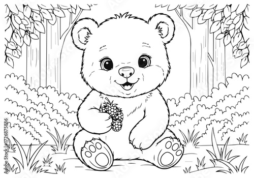A cute bear cub sitting in the forest holding berries, a vector line art illustration for a children's activity coloring book page