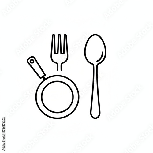 a line art icon of a fork and spoon, a simple line drawing of a frying pan, a line art icon of a chef's hat, a simple vector drawing of a mixing bowl