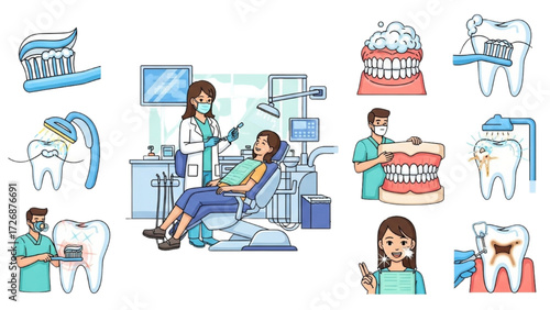 Dental Care Vector Illustration Set – Teeth, Dentist, Oral Health Icons AI EPS PNG JPEG
