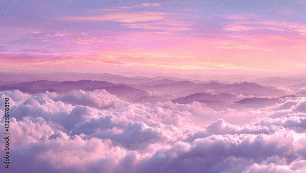 Obraz premium Panoramic view of a mountain range at sunrise, above fluffy clouds. Soft pastel colors
